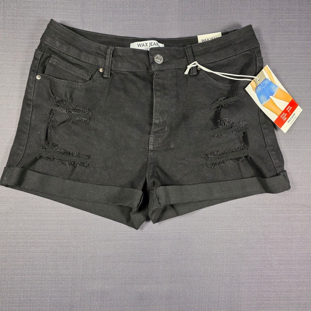 Wax Jean Collection Black Distressed Denim Cuffed Shorts NWT 90233 Womens Size L